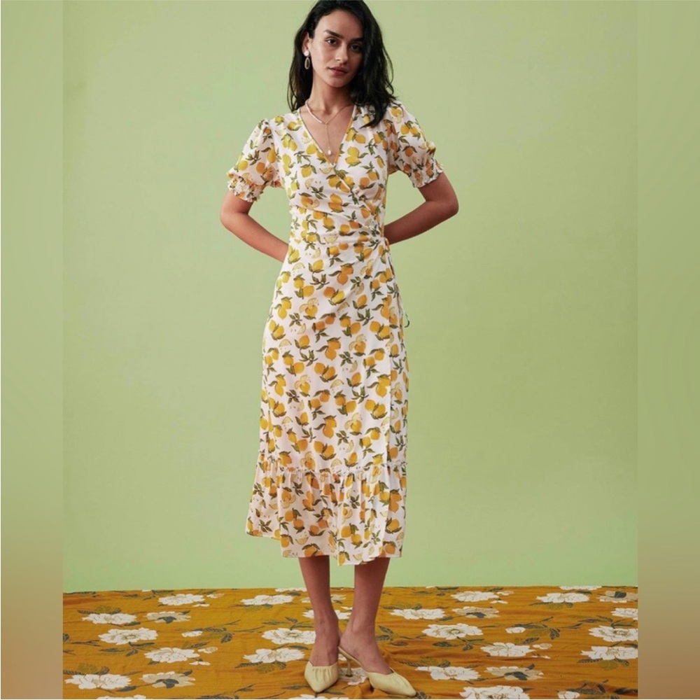 NWT Rihoas Yellow Long Lemon Wrap Dress - Women's M